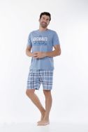 Εικόνα της Mei Βαμβακερή Γαλάζια/Καρό Ανδρική Πιτζάμα Με Σορτς.