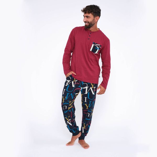Εικόνα της Muydemi Μπορντό/Μπλε Βαμβακερή Ανδρική Πιτζάμα Με Γράμματα.