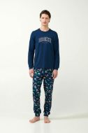 Εικόνα της Vamp Ανδρική Πυτζάμα Βαμβακερή Λαιμόκοψη & Παντελόνι Σχέδια Blue Moonlit - 21610