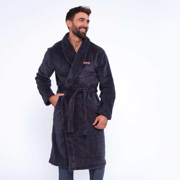 Εικόνα της Muydemi Μπλε/Εκάι(Μοτίβο) Μακριά Σταυρωτή Ανδρική Ρόμπα.