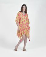 Εικόνα της Ble Resort Collection Βαμβακερό Καφτάνι Κίτρινο/Φούξια Με Λουλούδια.