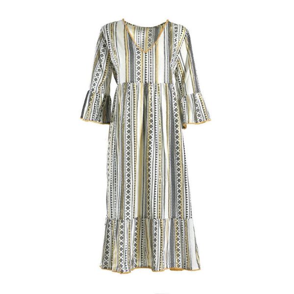 Εικόνα της Ble Resort Collection Βαμβακερό Εκρού Εμπριμέ Μακρύ Φόρεμα Παραλίας Με Τρουακάρ Μανίκι.