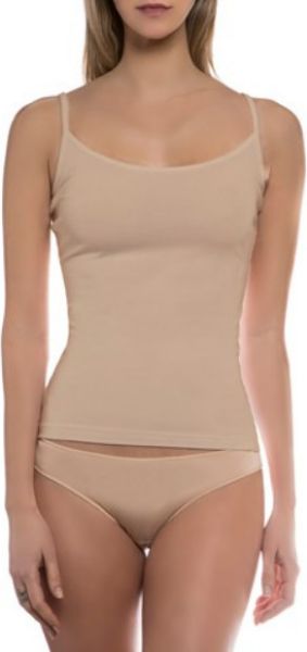 Εικόνα της Μπεζ γυναικείο τοπ με λεπτή ράντα από 95% Bamboo - 5% Elastane.