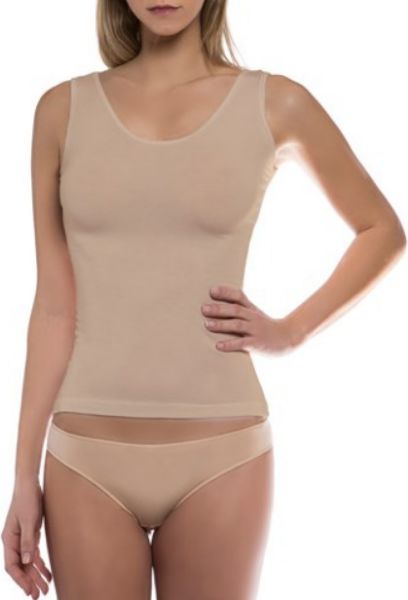 Εικόνα της Μπεζ γυναικείο τοπ με φαρδιά ράντα από 95% Bamboo - 5% Elastane.
