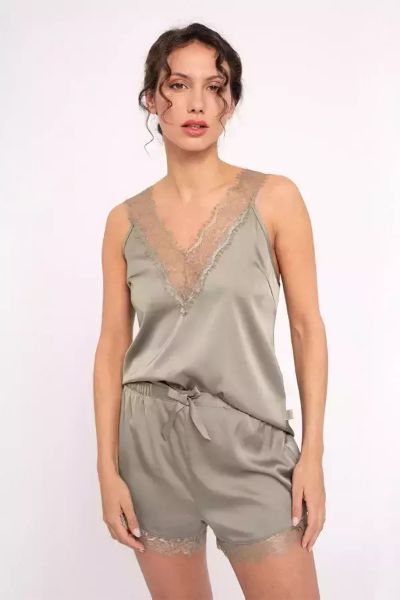 Εικόνα της Muydemi Καλοκαιρινό Γυναικείο Σετ Πιτζάμας Σατέν Χακί/λαδί 210046