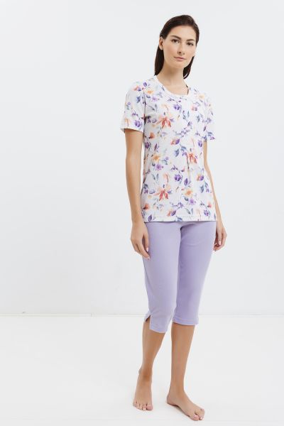 Εικόνα της Giota Βαμβακερή Εκρού/Λιλά Κοντομάνικη Πιτζάμα Εμπριμέ Με Κάπρι.