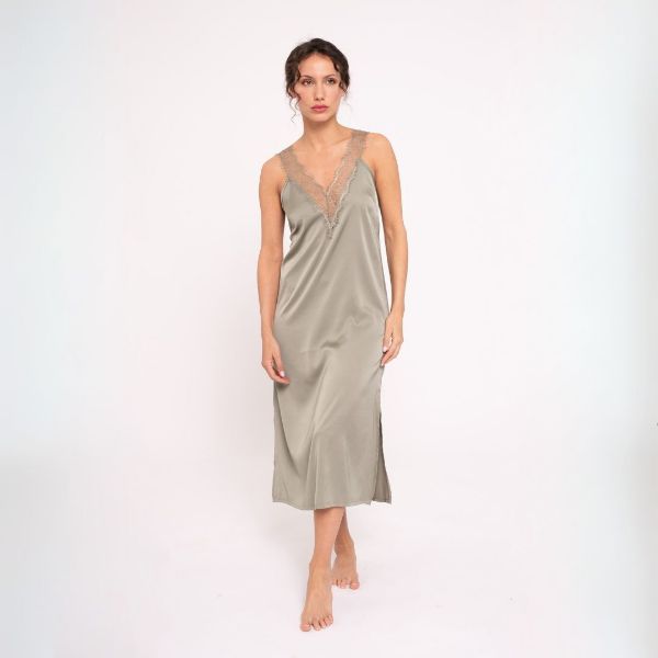 Εικόνα της Muydemi Σατέν Λαδί Midi Νυχτικό Με Δαντέλα.