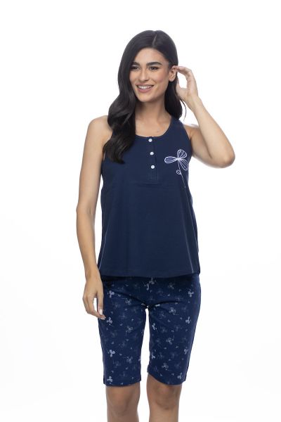 Εικόνα της Galaxy Βαμβακερή Μπλε Αμάνικη Πιτζάμα Με Εμπριμέ Βερμούδα.