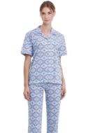 Εικόνα της Γιώτα Σιέλ Εμπριμέ Κουμπωτή Γυναικεία Κοντομάνικη Πιτζάμα Με Μακρύ Παντελόνι.