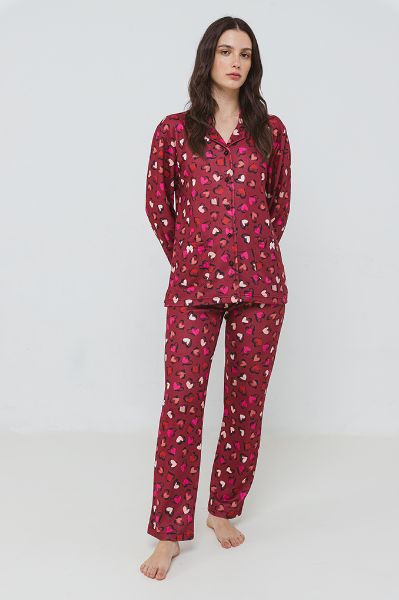 Εικόνα της Γιώτα Μπορντώ Εμπριμέ Βαμβακερή Κουμπωτή Πιτζάμα.