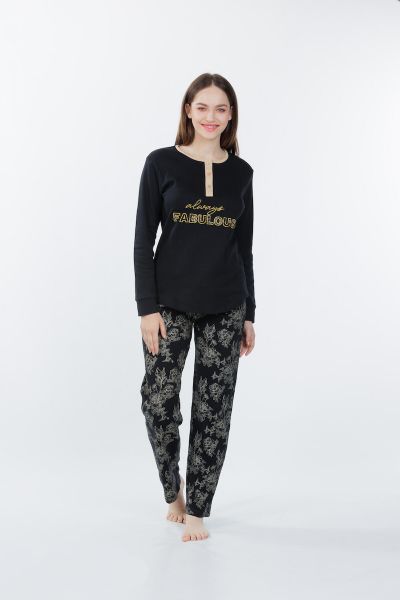Εικόνα της Mei Βαμβακερές Γυναικείες Πιτζάμες Μαύρη Εμπριμέ.