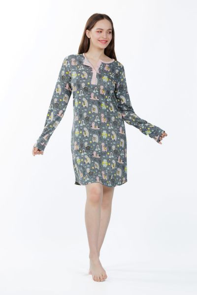 Εικόνα της Mei Viscose Γκρι Εμπριμέ Νυχτικό Με 5 Κουμπιά.