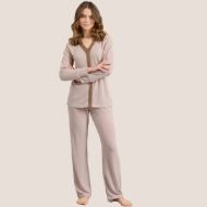 Εικόνα της Jeannette Lingerie Χειμερινό Γυναικείο Σετ Πιτζάμας Μπεζ, Καφέ, Χρυσές Λεπτομέρειες 7938