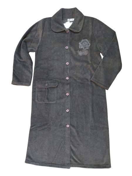 Εικόνα της Jeannette ανθρακί φλις γυναικεία κουμπωτή ρόμπα με κέντημα.