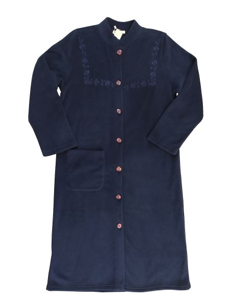 Εικόνα της Jeannette μπλε κουμπωτή φλις γυναικεία ρόμπα με κέντημα.