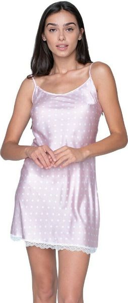Εικόνα της Γυναικείο ροζ σατέν νυχτικό πουά με λεπτομέρειες λευκής δαντέλας και δέσιμο στην πλάτη.