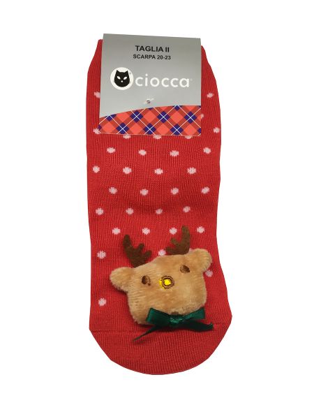 Εικόνα της Ciocca κόκκινες πουά Χριστουγεννιάτικες κάλτσες με τρισδιάστατο ταράνδο και πατουσάκια σιλικόνης.