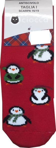 Εικόνα της Παιδικές κάλτσες με πατουσάκια σιλικόνης από κάτω. Κόκκινες με πιγκουίνους. Πετσέτα εσωτερικά.(75%Βαμβάκι-24%Πολυαμίδιο-1%Elastane)