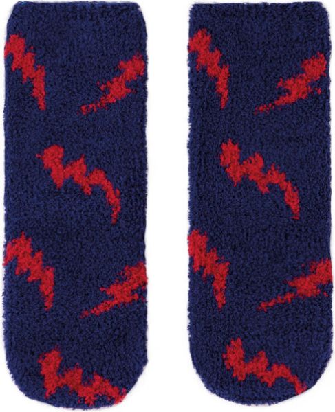 Εικόνα της Παιδική κάλτσα φλις χνουδωτή μπλε με σχέδιο κόκκινους κεραυνούς. Πατουσάκια σιλικόνης από κάτω.