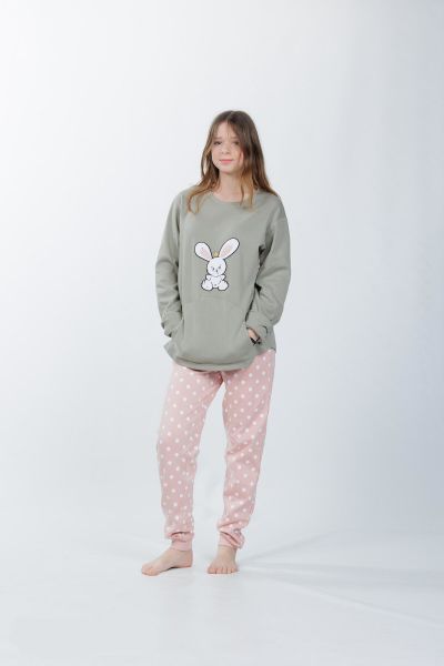 Εικόνα της Mei Βαμβακερή Παιδική Πιτζάμα Λαδί/Ροζ Πουά.