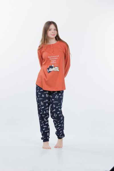 Εικόνα της Mei Βαμβακερή Παιδική Πιτζάμα Κεραμιδί/Μπλε Εμπριμέ.