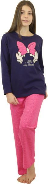 Εικόνα της Παιδική κοριτσίστικη πιτζάμα από 100% βαμβάκι. Μπλε μπλούζα με κέντημα. Φούξια πουά παντελόνι.