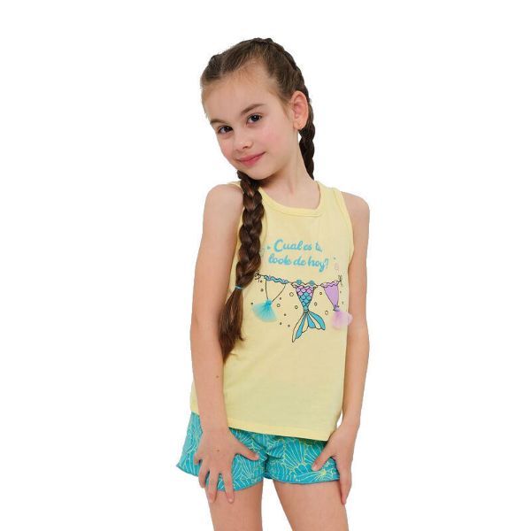 Εικόνα της Muydemi βαμβακερή κίτρινη/τιρκουάζ κοριτσίστικη αμάνικη πιτζάμα με εμπριμέ σορτς.