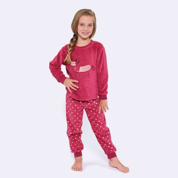 Εικόνα της Muydemi Fleece Φούξια Παιδική Πιτζάμα Σκύλος/Πουά.