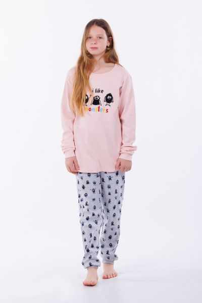 Εικόνα της Mei βαμβακερή ροζ/γκρι παιδική πιτζάμα με τέρατα.