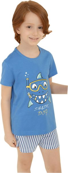 Εικόνα της Παιδική αγορίστικη πιτζάμα. Μπλε μπλούζα με κοντό μανίκι και στάμπα. Ριγέ σορτς.