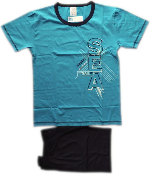 Εικόνα της Παιδική αγορίστικη πιτζάμα από 100% βαμβάκι. Τιρκουάζ μπλούζα με κοντό μανίκι με στάμπα. Μπλε μονόχρωμο σορτς.