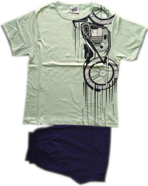 Εικόνα της Παιδική αγορίστικη πιτζάμα από 100% βαμβάκι. Μπλούζα μέντα με κοντό μανίκι και στάμπα. Μπλε σορτς.