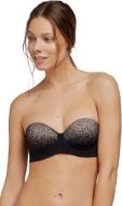 Εικόνα της Γυναικείο σουτιέν strapless μαύρο με ανάγλυφο σχέδιο. Με μπανέλα και ελαφριά επένδυση. Περιέχει μαύρες ράντες.
