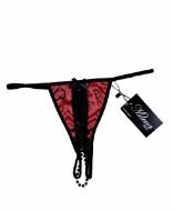 Εικόνα της Milena κόκκινο σατέν G-String αυτοκινήτου με μαύρες πέρλες.