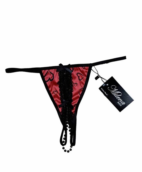 Εικόνα της Milena κόκκινο σατέν G-String αυτοκινήτου με μαύρες πέρλες.