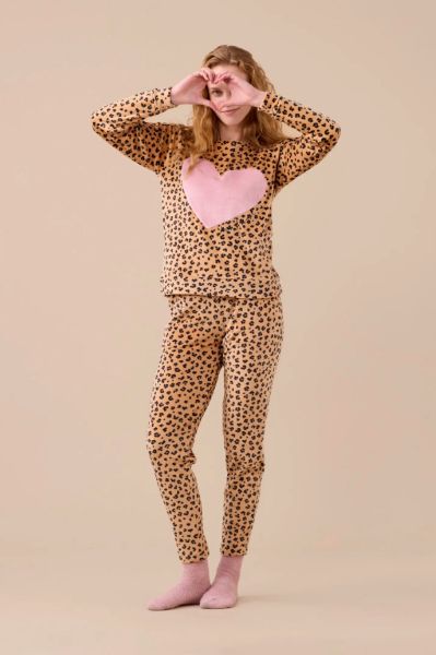 Εικόνα της Noidinotte Μπεζ Fleece Ελαστική Λεοπάρ Γυναικεία Πιτζάμα.