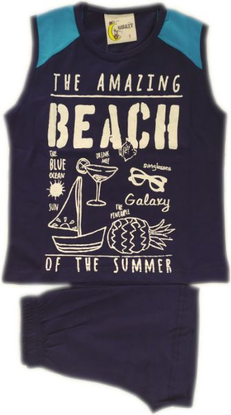 Εικόνα της Παιδική αγορίστικη πιτζάμα από 100% βαμβάκι. Μπλε αμάνικη μπλούζα με στάμπα. Μονόχρωμο σορτς.