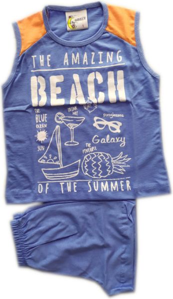 Εικόνα της Παιδική αγορίστικη πιτζάμα από 100% βαμβάκι. Σιέλ αμάνικη μπλούζα με στάμπα. Μονόχρωμο σορτς.