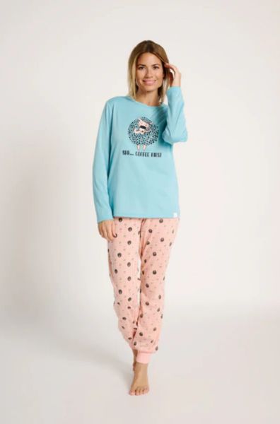 Εικόνα της Muydemi Γαλάζια/Σομόν Γυναικεία Πιτζάμα Με Χνούδι Εσωτερικά.