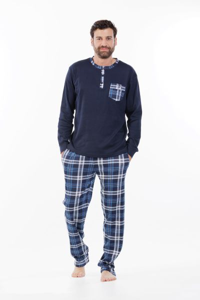 Εικόνα της Mei Βαμβακερές Ανδρικές Πιτζάμες Μπλε Καρό.