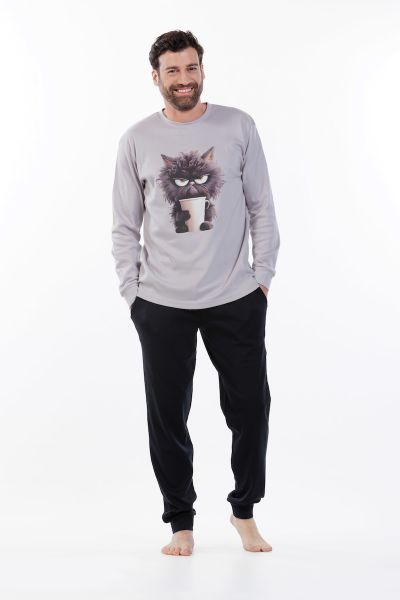 Εικόνα της Mei Βαμβακερές Ανδρικές Πιτζάμες Γκρι/Μαύρο.