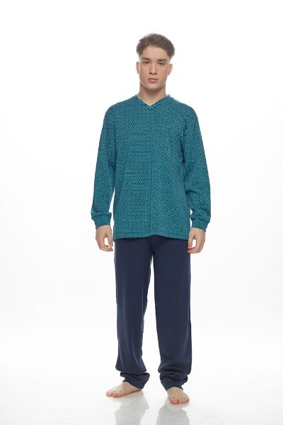 Εικόνα της Galaxy Βαμβακερή Ανδρική Πιτζάμα Ζακάρ Πετρόλ/Μαύρη.