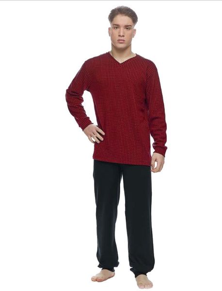 Εικόνα της Galaxy Βαμβακερές Ανδρικές Πιτζάμες Ζακάρ Μπορντό/Μάύρο Με V.
