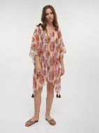 Εικόνα της Ble Resort Collection Βαμβακερό Καφτάνι Σομόν/Καφέ Με Φύλλα.