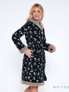 Εικόνα της Muydemi Μπλε Φλοράλ Fleece Γυναικεία Κουμπωτή Ρόμπα.