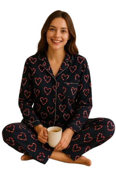 Εικόνα της Elite Βαμβακερή Μπλε Κουμπωτή Εμπριμέ Γυναικεία Πιτζάμα.