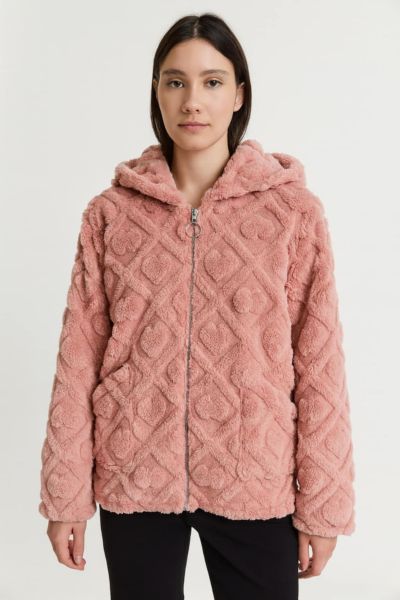 Εικόνα της Passion Fleece Γυναικεία Κοντή Ρόμπα Ροζ Με Ανάγλυφο Σχέδιο, Κουκούλα & Φερμουάρ.
