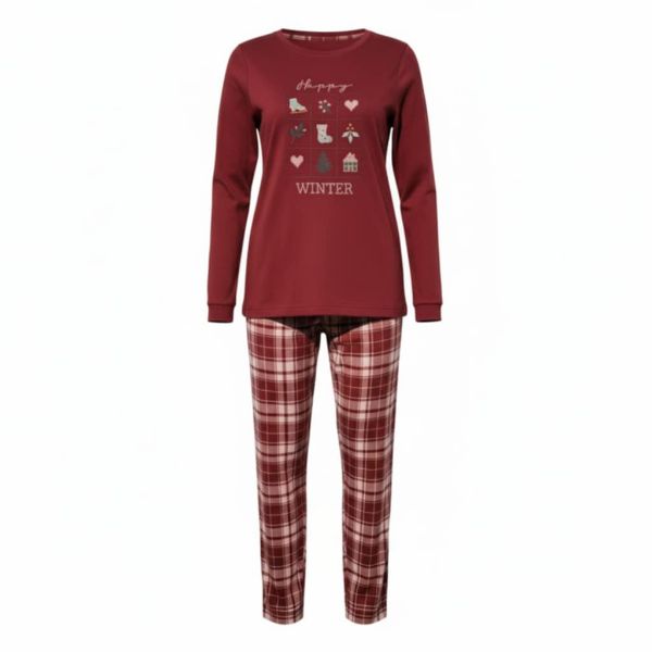 Εικόνα της Noidinotte Μπορντό Καρό Βαμβακερή Γυναικεία Πιτζάμα.