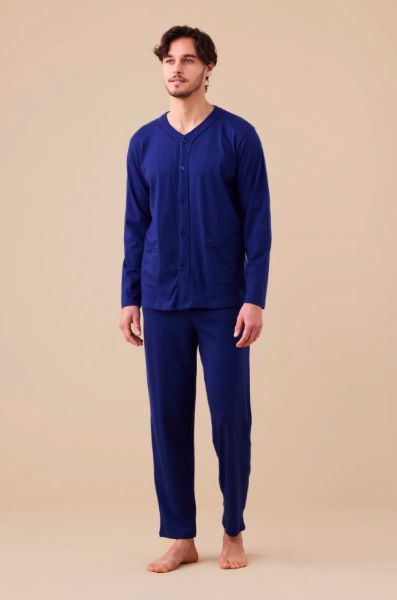 Εικόνα της Noidinotte Plus Size Μπλε Ανδρική Πιτζάμα Κουμπωτή Βαμβακερή.