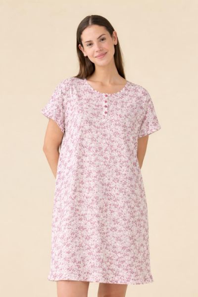 Εικόνα της Noidinotte Plus Size Βαμβακερό Ροζ Φλοράλ Κοντομάνικο Νυχτικό.